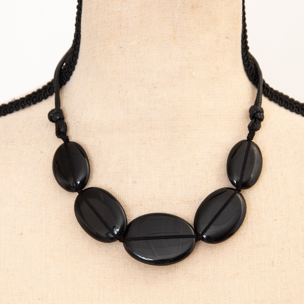 Cord necklace black agate large stone 18” length 2.75” extension